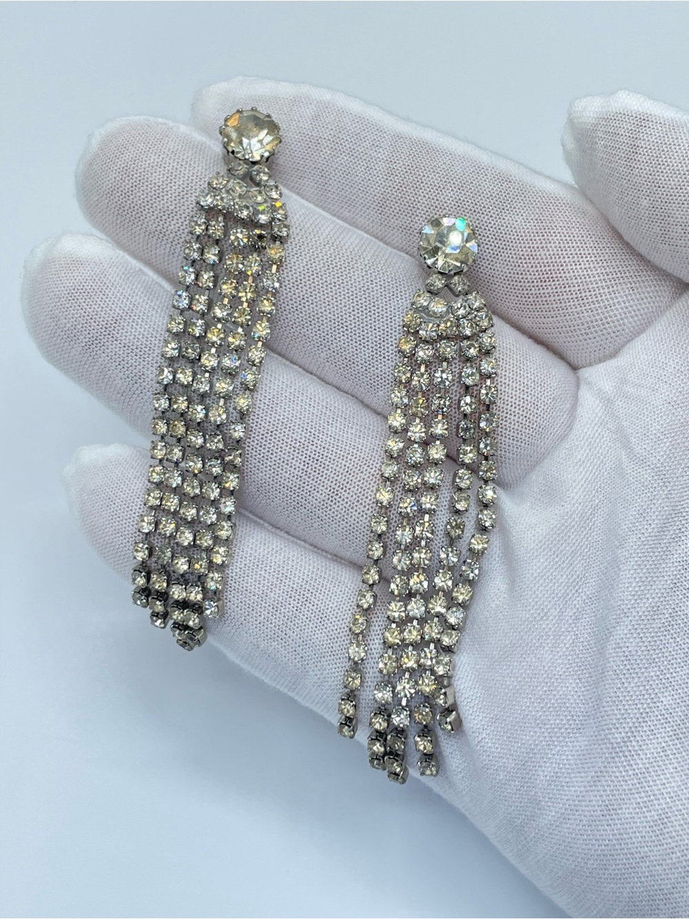 Vintage Rhinestone Tassel Dangle Earrings Silver Tone Statement Formal Glam